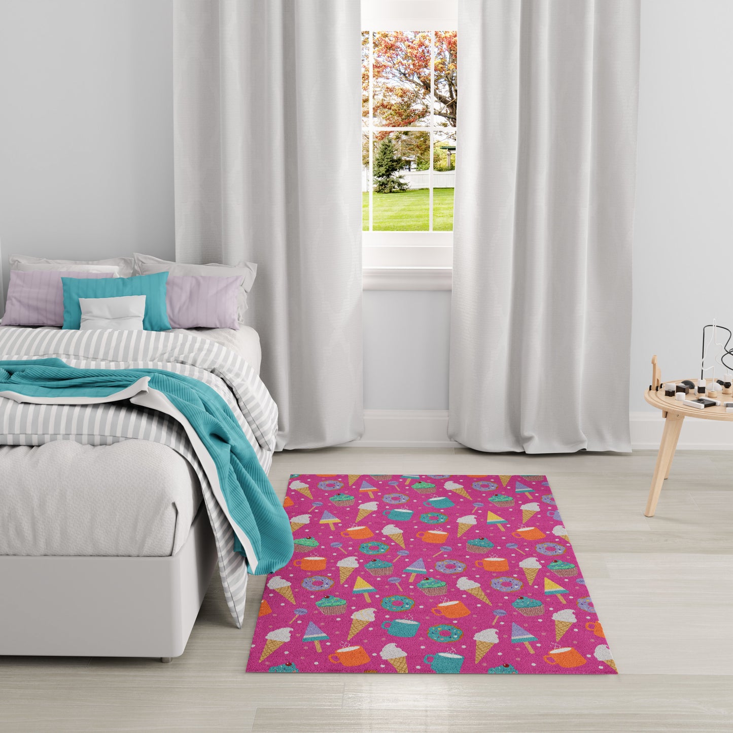 Magenta kids' rug with multicolored ice-cream cone motifs.