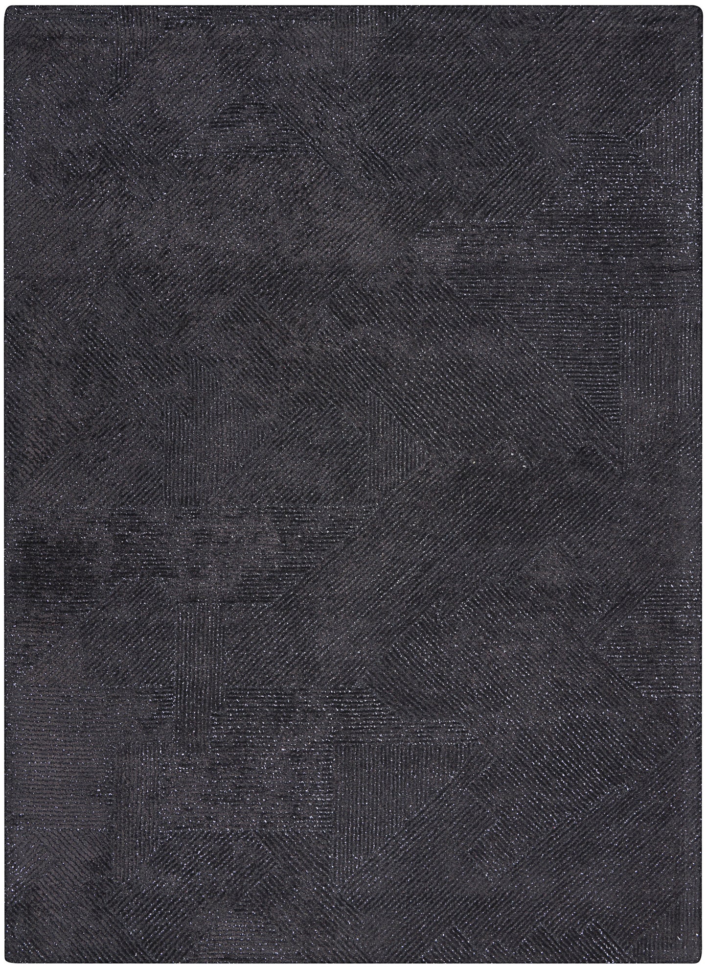 Charcoal gray textured rug with abstract geometric pattern; rectangular, woven look for modern living spaces.