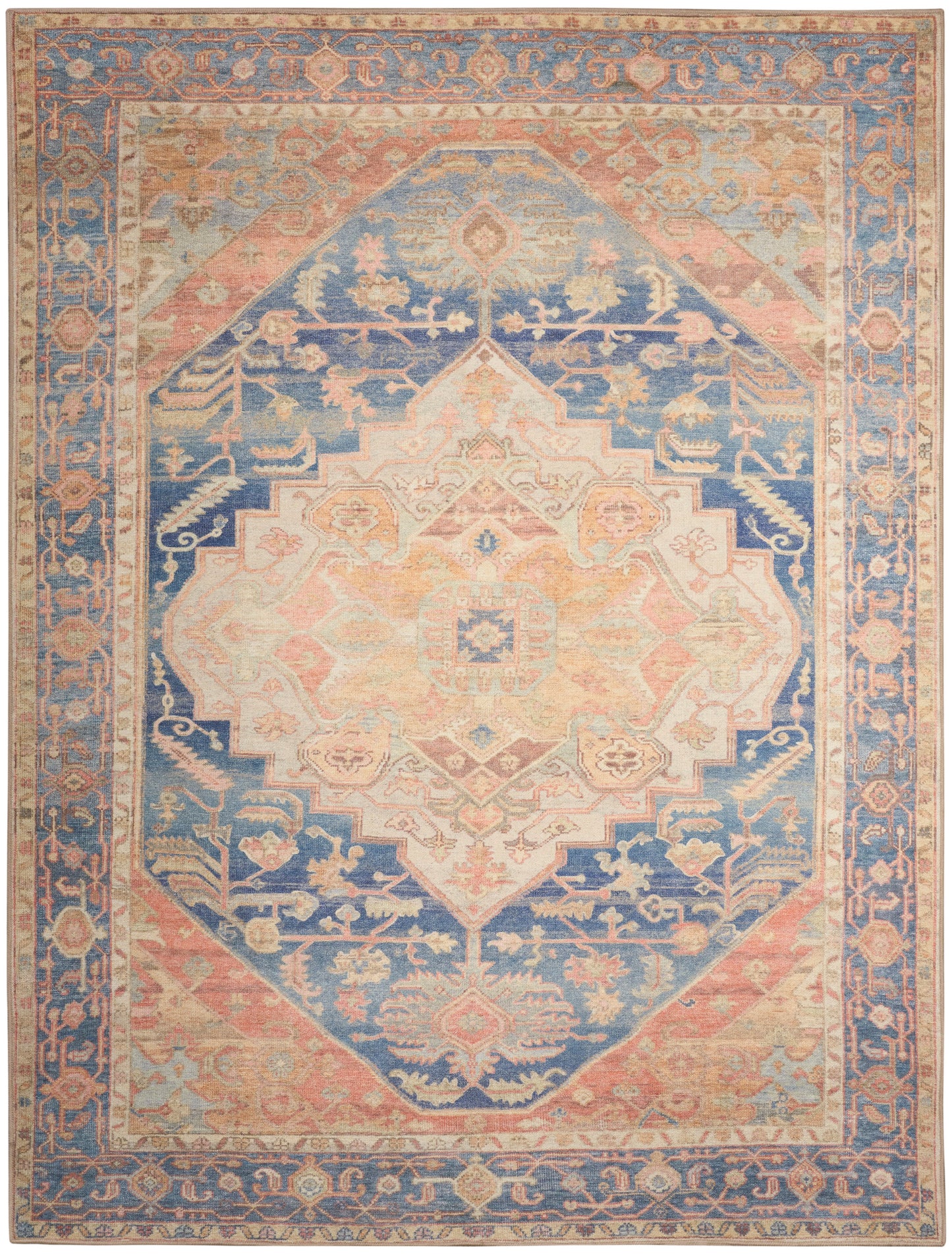 Pastel oriental rug with a central geometric medallion in pink and blue, ivory border, distressed vintage look.