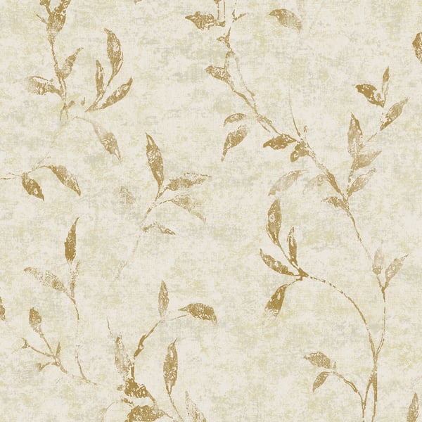 Beige textured wallpaper with a gold tree motif and delicate botanical leaves.