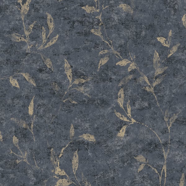 Blue-gray textured wallpaper with cream botanical vines and leaves pattern.