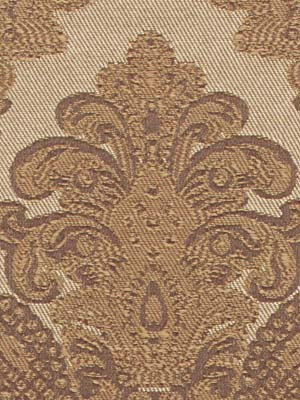 Gold & bronze damask fabric with ornate scrolling floral pattern, rich textured weave, luxurious home decor textile.