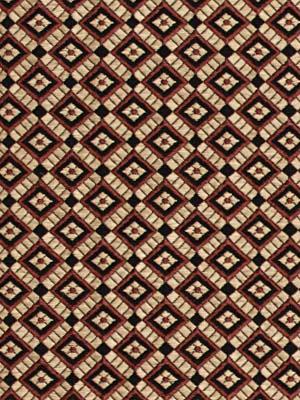 Rectangular upholstery fabric: warm brown field with cream and dark red geometric diamond border.
