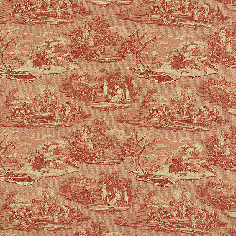Red toile fabric with repeating pastoral scenes of couples by rivers, trees and boats; vintage countryside print.
