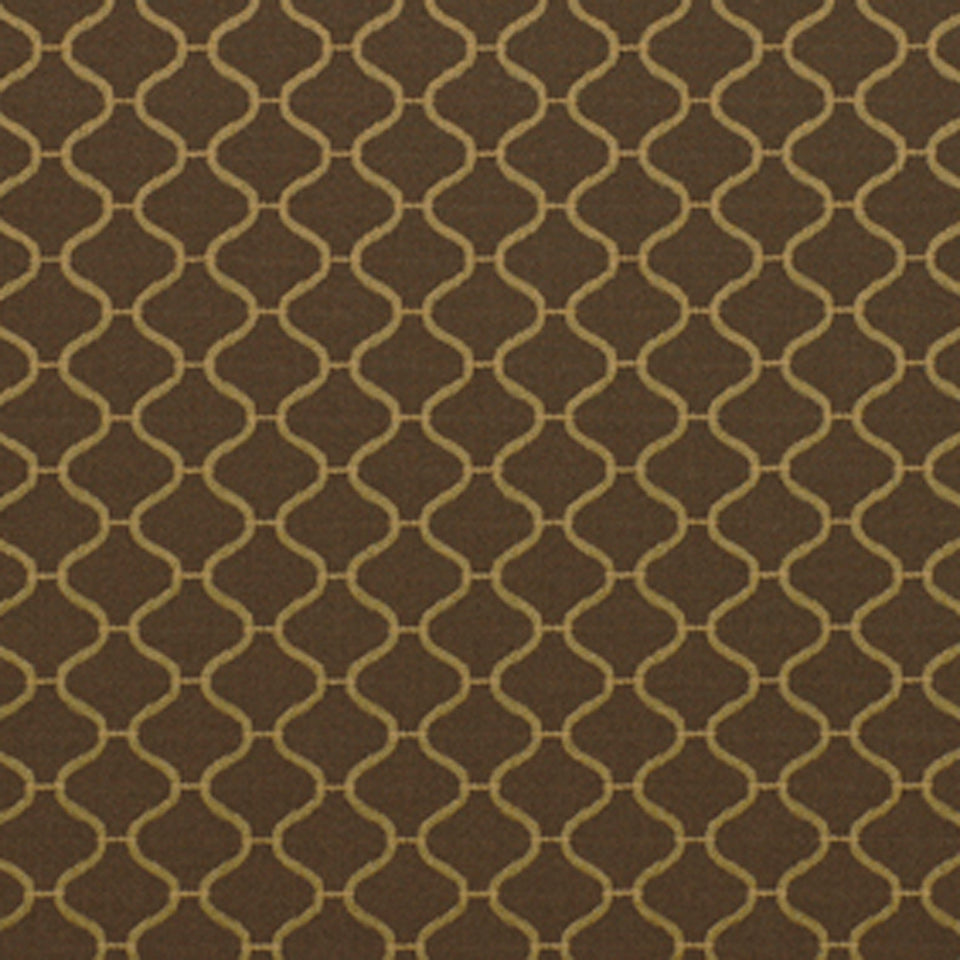 Brown fabric with gold Moroccan trellis lattice pattern; elegant upholstery textile.