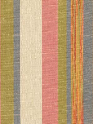Vertical striped woven upholstery fabric in olive green, cream, pink, tan and gray-blue with orange accents; textured textile.
