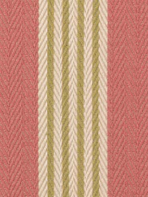 Coral-pink woven upholstery fabric featuring a chevron pattern in cream and beige; textured textile.