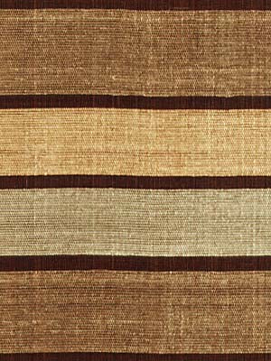 Rustic woven striped drapery panels in brown, tan and beige with a textured weave; suitable for living room or foyer.