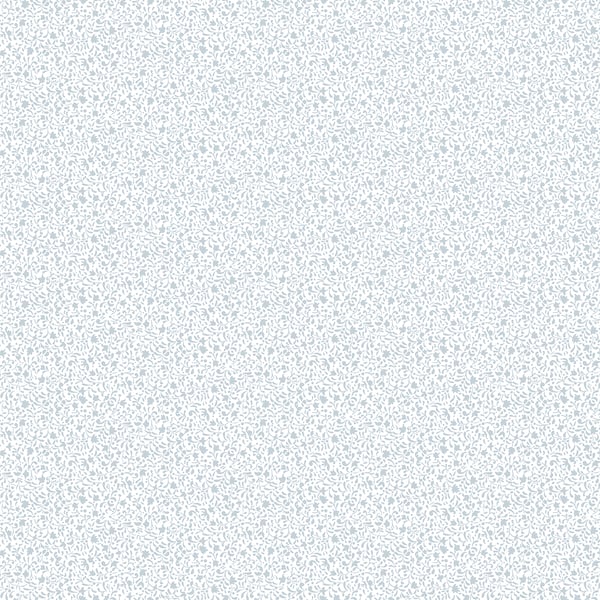 Blue wallpaper with a light speckled texture and tiny botanical motifs.
