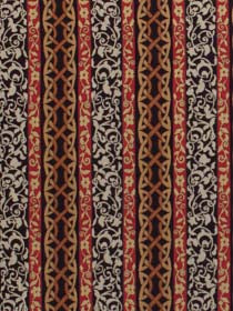 Vertical striped damask fabric in red, brown, gold and black with ornate floral scroll motifs.