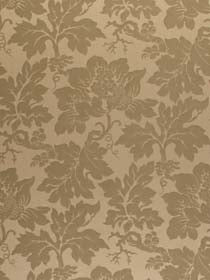Beige upholstery fabric with taupe damask floral pattern & ornate leaves.