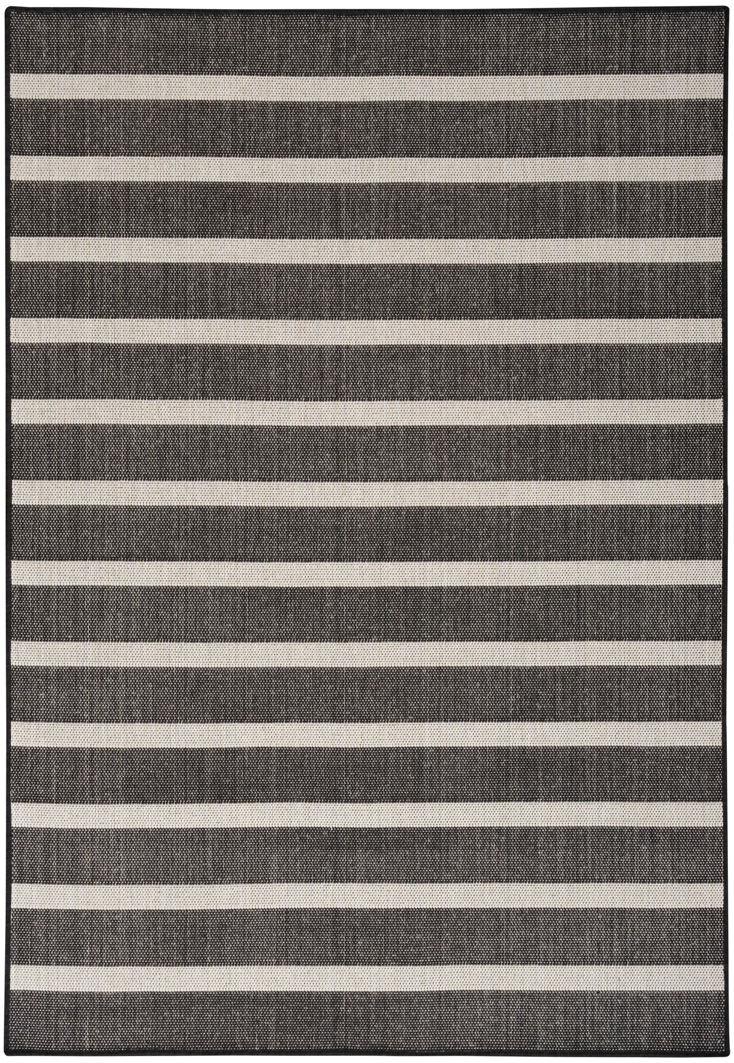 Rectangular dark gray woven rug with wide cream horizontal stripes, textured surface, modern striped design