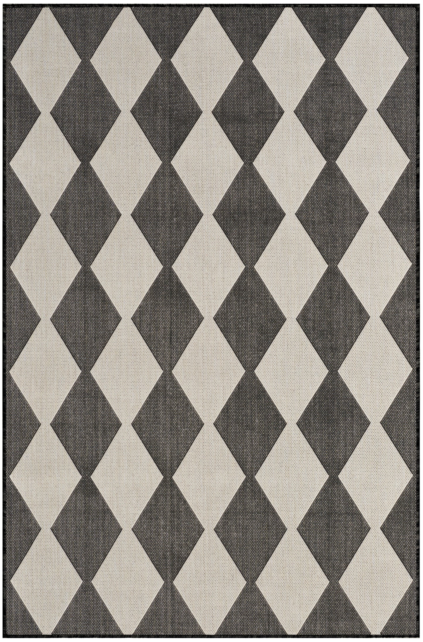 Geometric area rug with alternating beige and dark gray diamond pattern; woven textured fabric, rectangular rug.