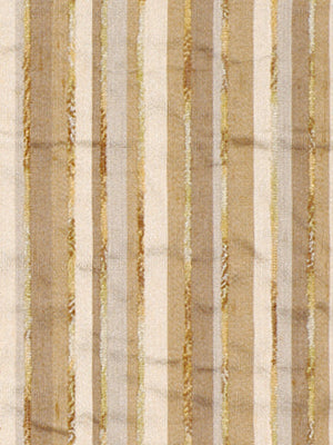 Beige and ivory striped upholstery fabric with metallic gold vertical stripes.