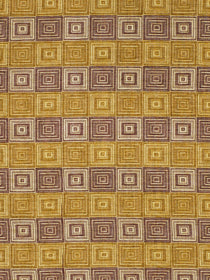 Mustard, tan and brown woven fabric with repeating concentric-square spirals in a grid pattern.