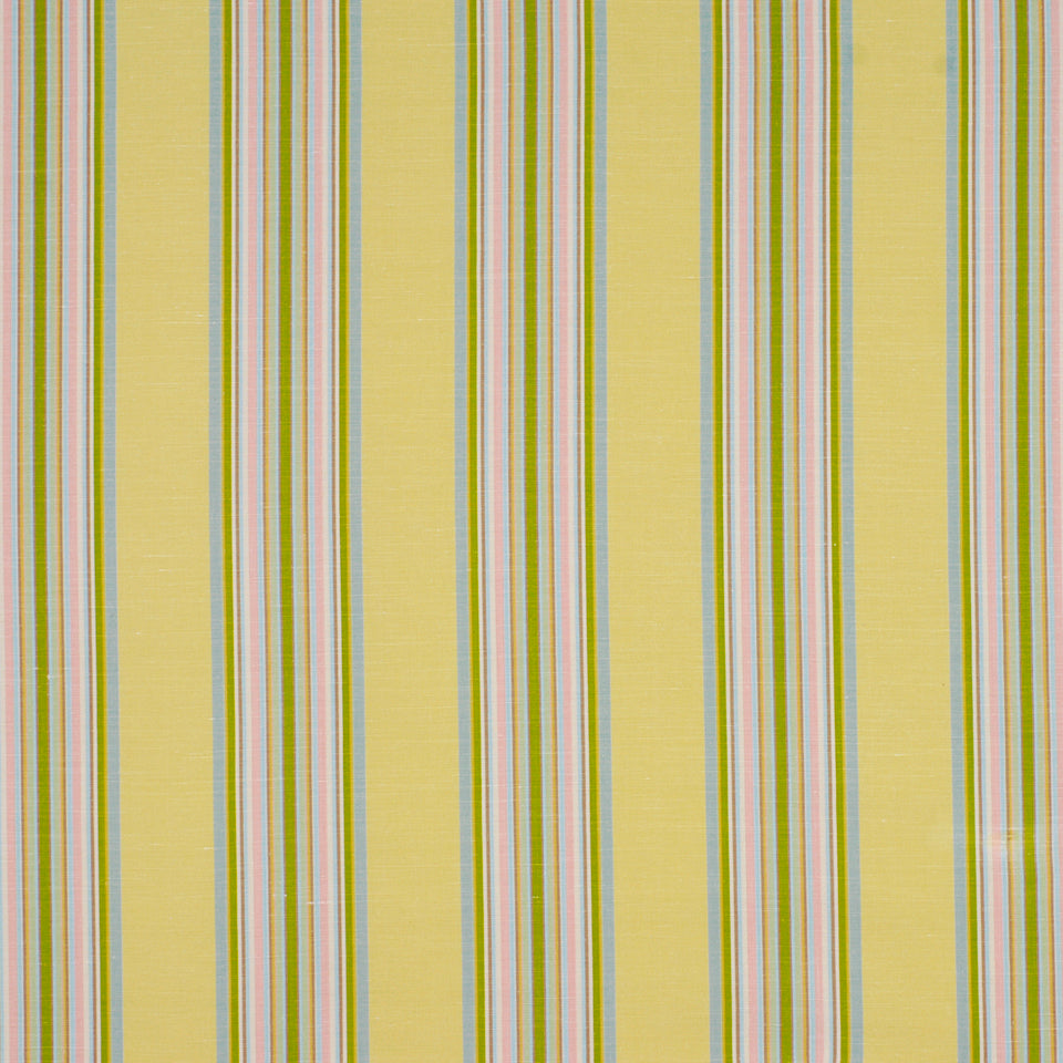 Yellow upholstery fabric with narrow vertical stripes in blue, green, red and white.