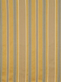 Vertical striped mustard, tan, and blue fabric with thin pinstripes; versatile upholstery or drapery textile.