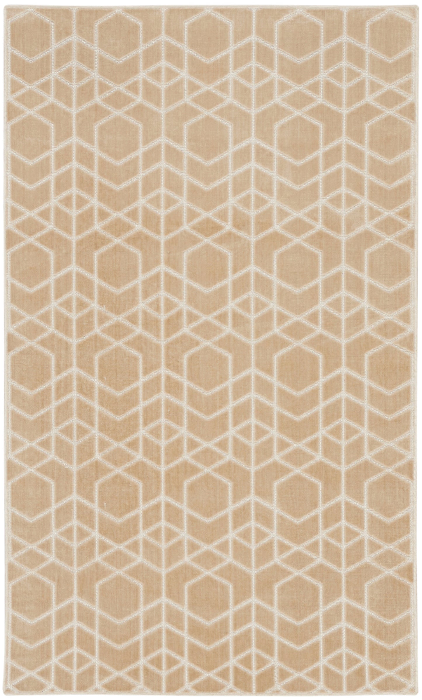 Beige rectangular woven rug with white interlocking hexagon geometric pattern; neutral living room area rug.