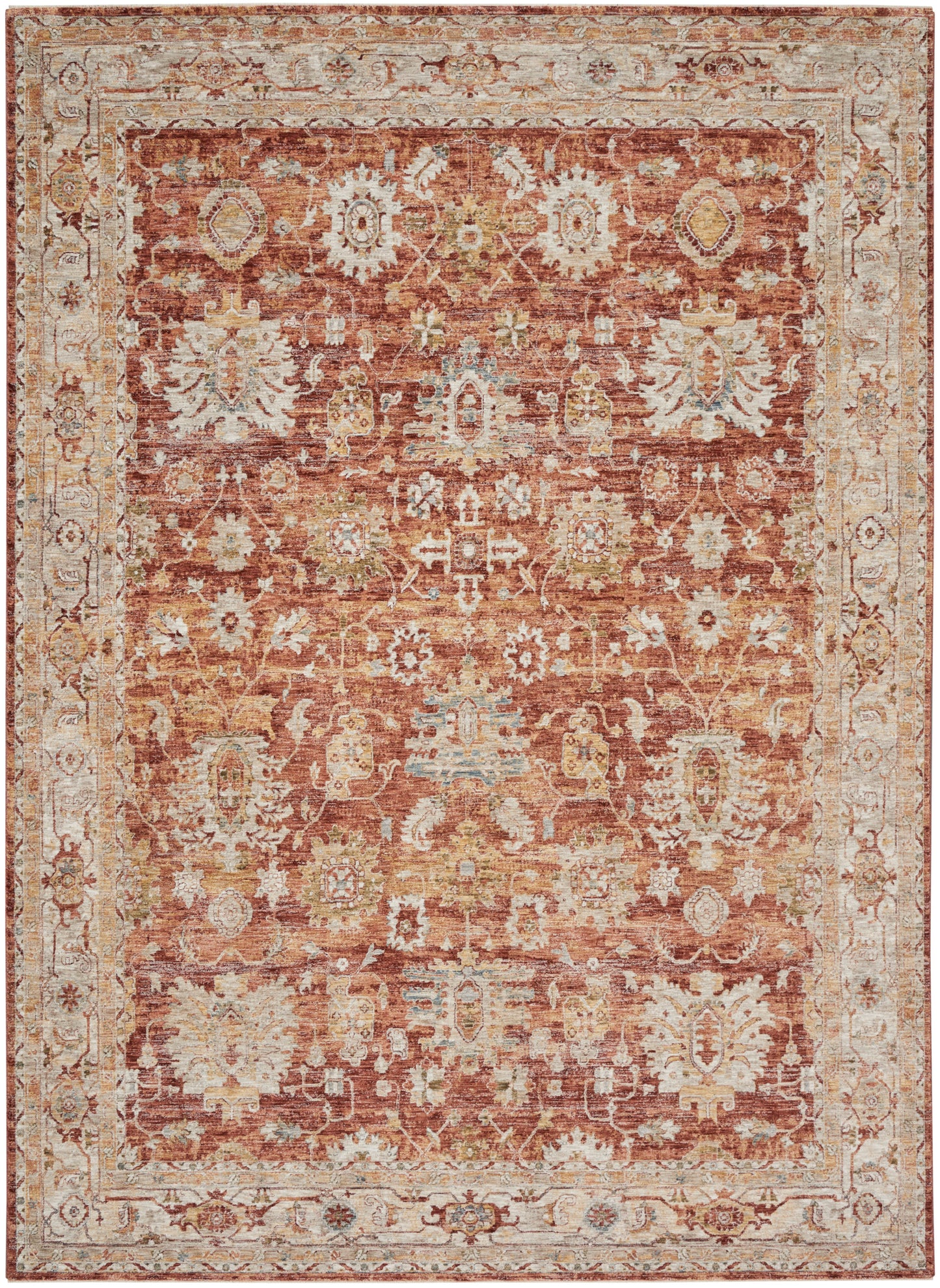 Rectangular rug: rust-red field with ivory border, distressed floral medallions in cream, beige and pale blue.