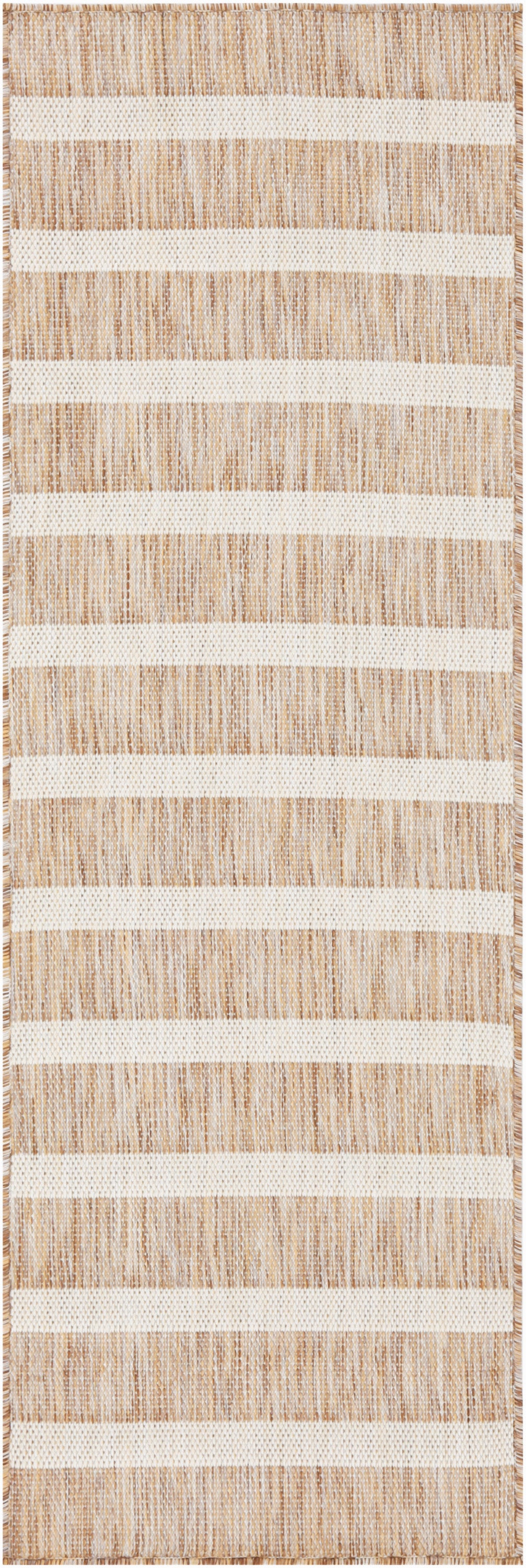 Beige and ivory striped woven rug with chunky textured bands and fringe ends.