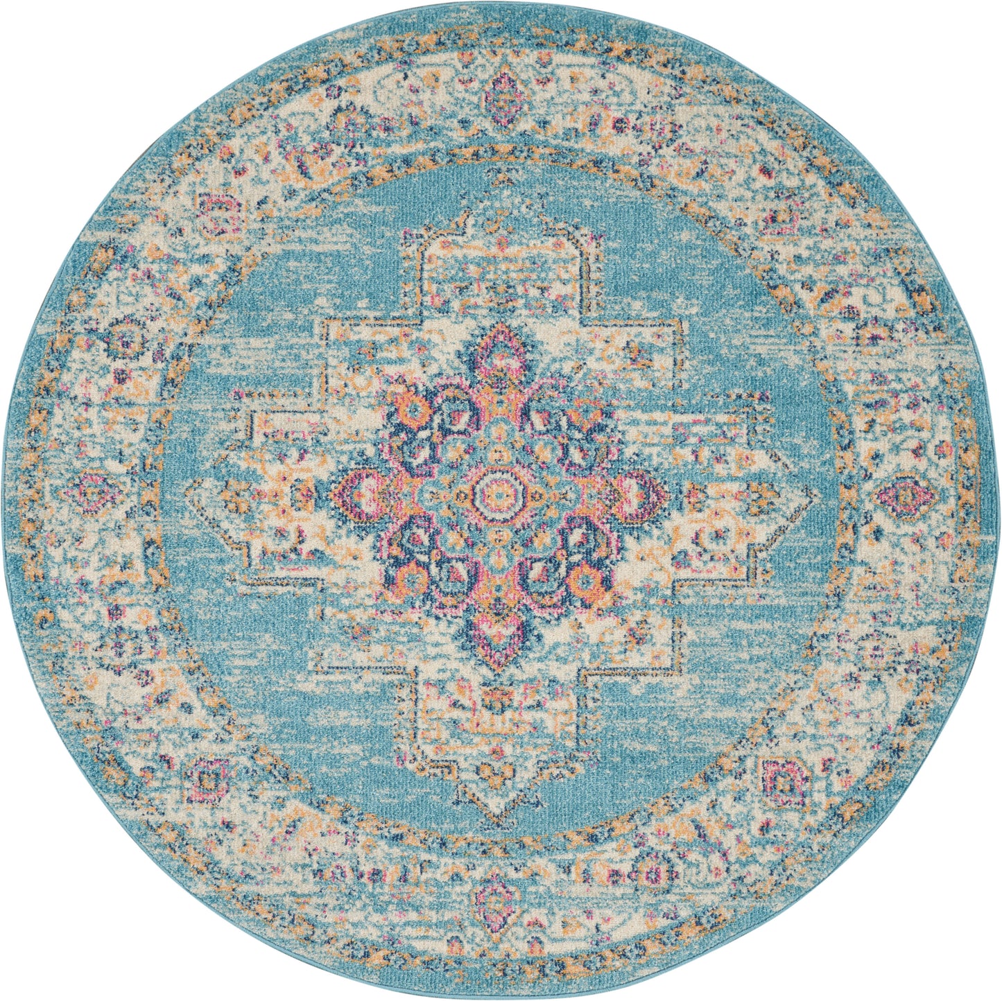 Round turquoise oriental rug with central floral medallion, ivory and pink border, distressed vintage palette.