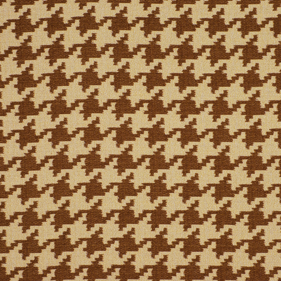 Beige and brown houndstooth fabric; woven textile suitable for upholstery or fashion.