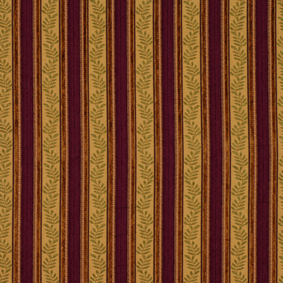 Vertical striped upholstery fabric in burgundy, gold & orange with a fern leaf motif.
