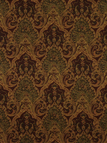 Damask upholstery fabric in gold & olive green on deep brown, ornate scrolling floral motifs, vintage luxe style.