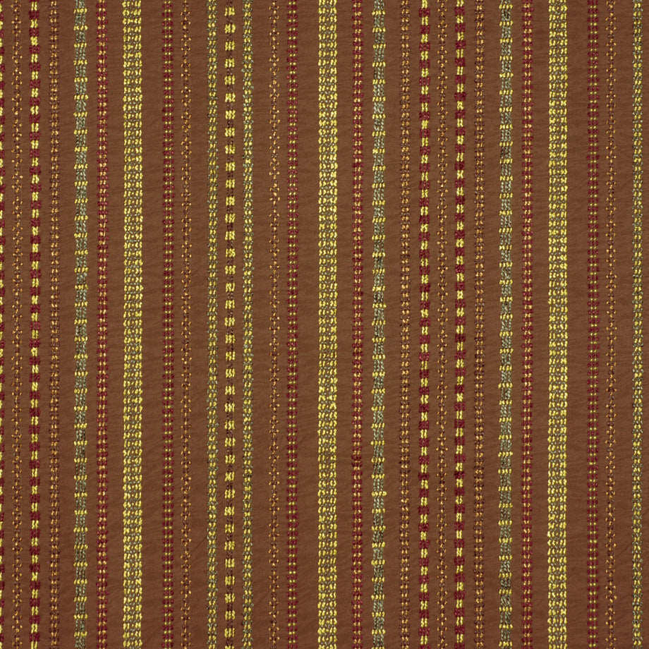 Brown woven fabric with narrow vertical yellow-gold stripes, decorative upholstery textile.