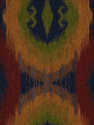 Ikat-style upholstery fabric with geometric bands in warm orange, olive, navy and maroon.
