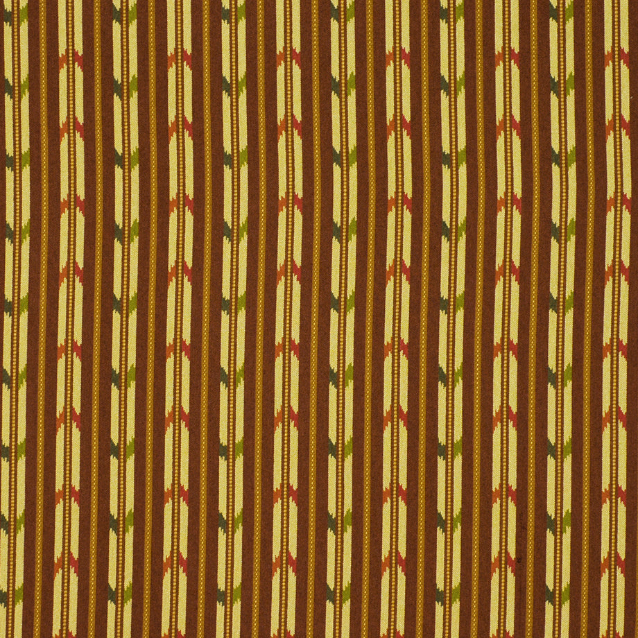 Vertical striped woven upholstery fabric in brown, mustard, olive and red with chevron accents; retro textile pattern.