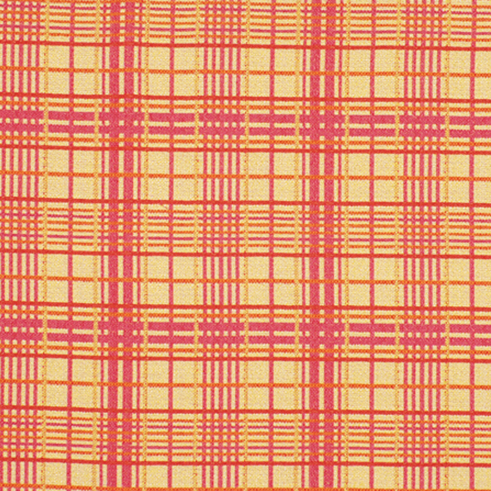 Raspberry plaid upholstery fabric with red-pink lines in a woven tartan pattern.