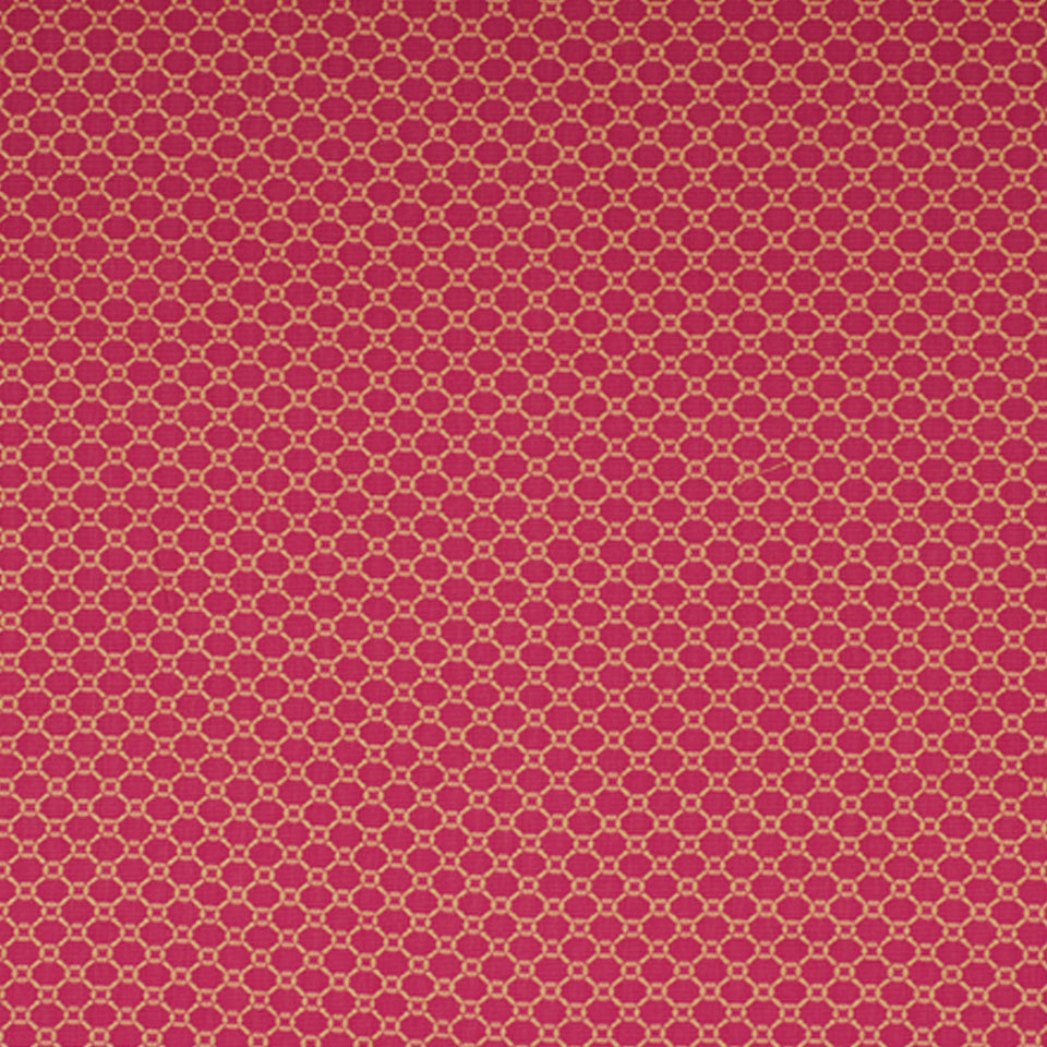 Red-pink gradient upholstery fabric with gold geometric lattice borders along the left and right edges.