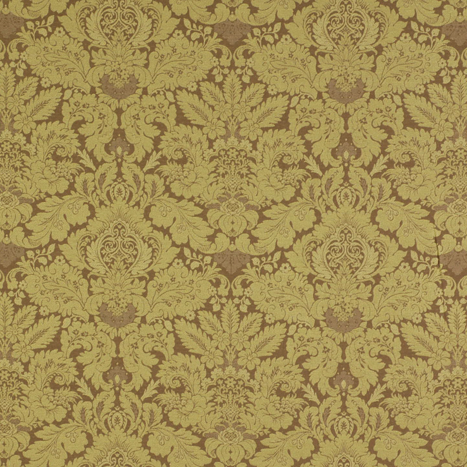 Gold damask floral pattern on brown background; ornate Baroque-style upholstery fabric.