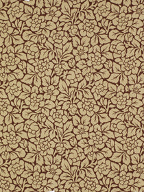 Brown fabric with a dense beige floral pattern; repeating rose and vine motifs, vintage-style textile for upholstery or drapes.