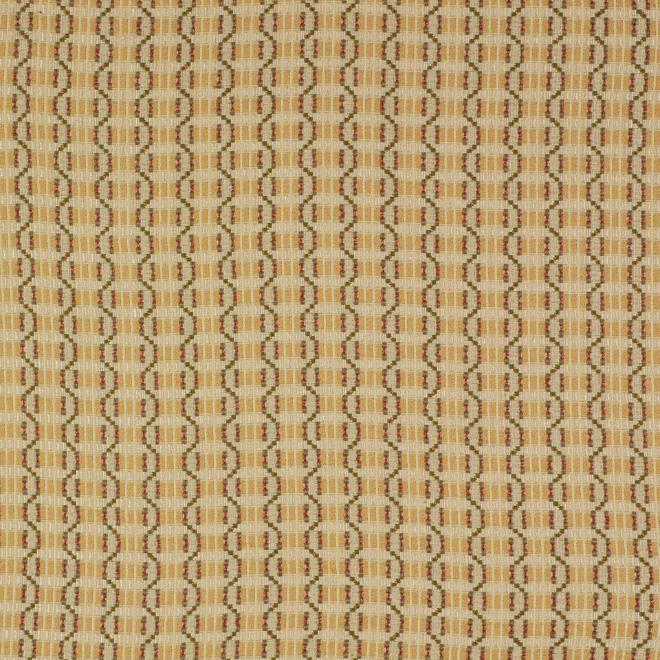 Beige woven fabric with a repeating dark brown chain-link loop motif; warm geometric upholstery fabric.