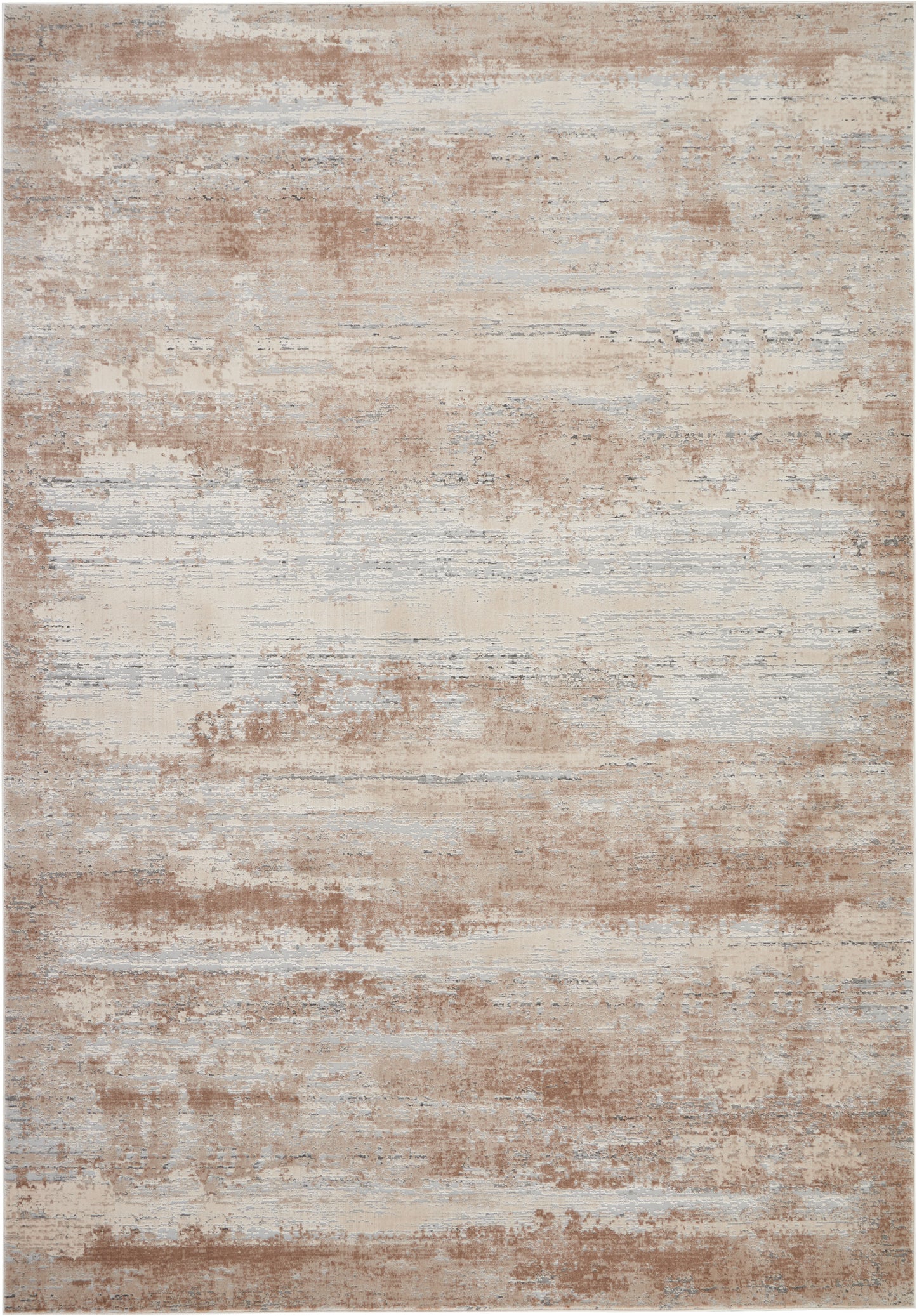 Rectangular abstract distressed rug (8' x 11') in beige, tan, cream and pale gray; modern earthy style for living spaces.
