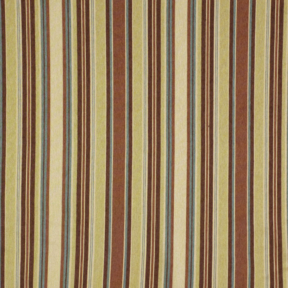 Vertical striped fabric in warm earth tones: beige, tan, brown and olive stripes of varying widths.