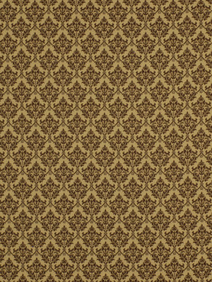 Gold and brown damask upholstery fabric with ornate floral motifs, vintage elegance.