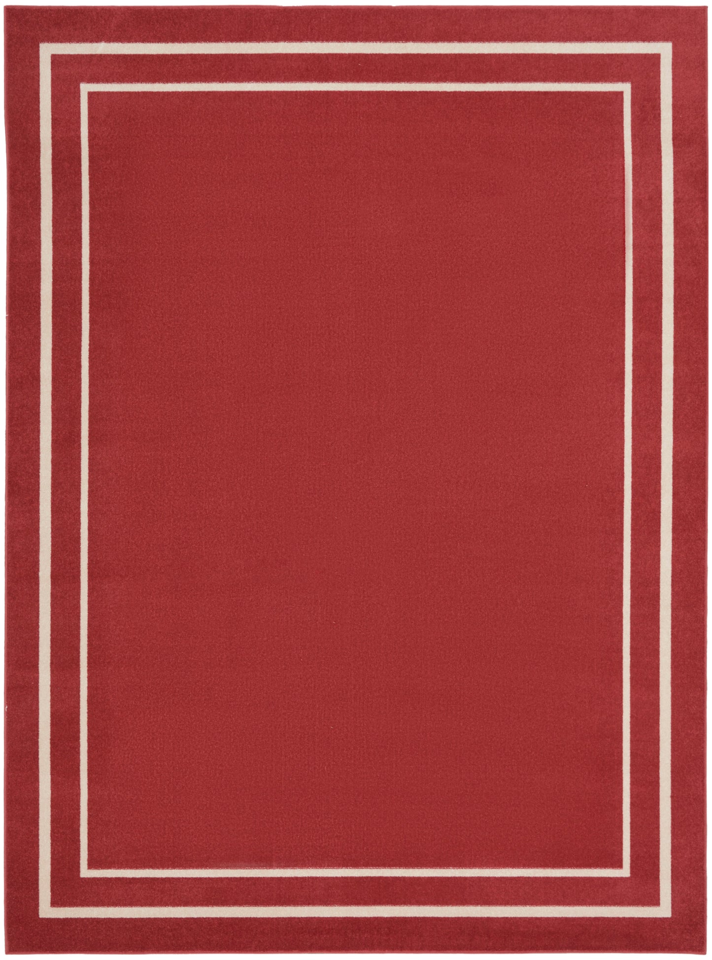 Red rectangular area rug with white nested border lines framing the edges.
