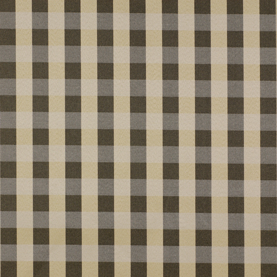 Gold & brown plaid upholstery fabric with pale gray checks in a vertical stripe pattern.
