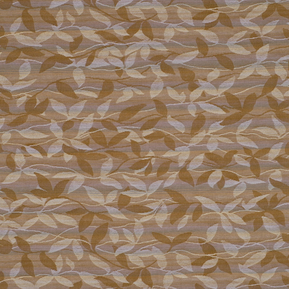 Camel-colored fabric with cream and tan leaf pattern; subtle texture for upholstery or curtains.