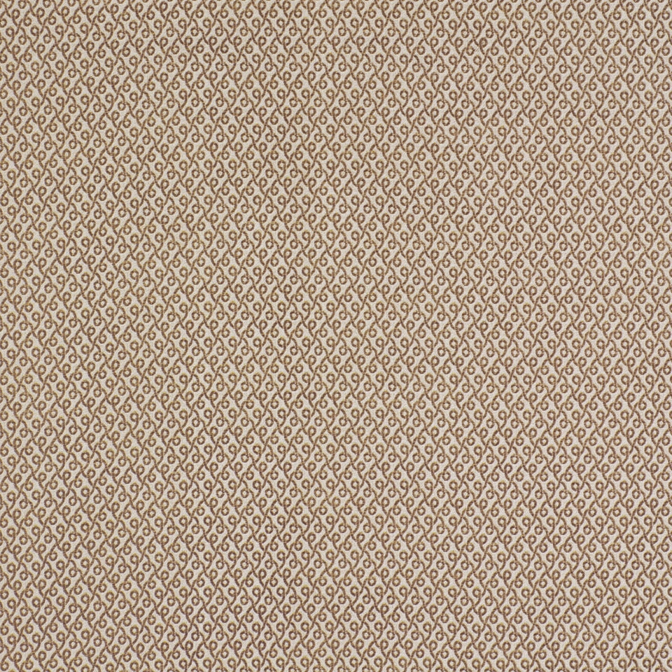 Beige woven fabric with tiny brown looping lattice pattern; versatile upholstery or drapery textile.