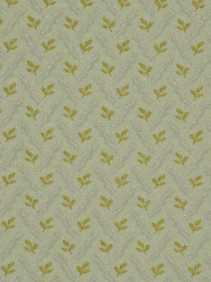 Beige textured upholstery fabric with diagonal gold-yellow leaf sprigs.
