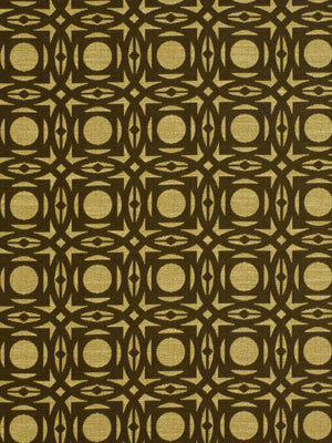 Gold and brown geometric pattern with repeating circular medallions and star-like connectors; retro textile.