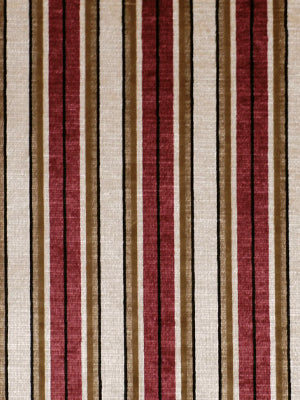 Vertical striped woven textile with cream base and burgundy, black & tan stripes; upholstery fabric.