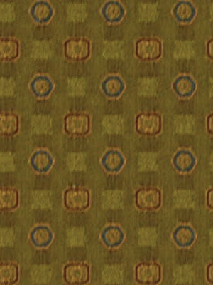 Olive green fabric with repeating orange-square blocks and blue-ringed dot motifs in a vintage geometric pattern.