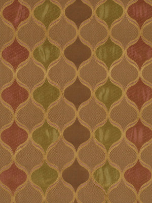 Geometric teardrop lattice wallpaper in rust, olive green and brown with gold outlines on tan background.