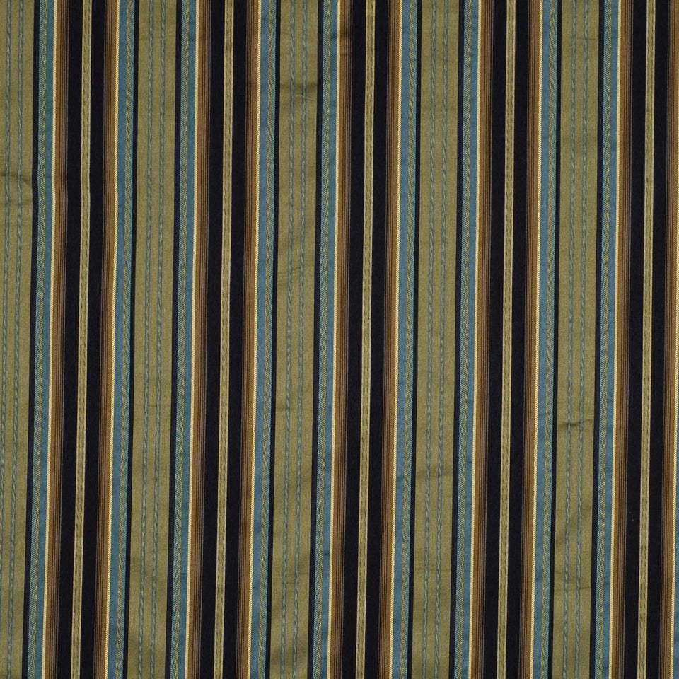 Vertical striped woven fabric in black, navy, gold & olive green with subtle texture.