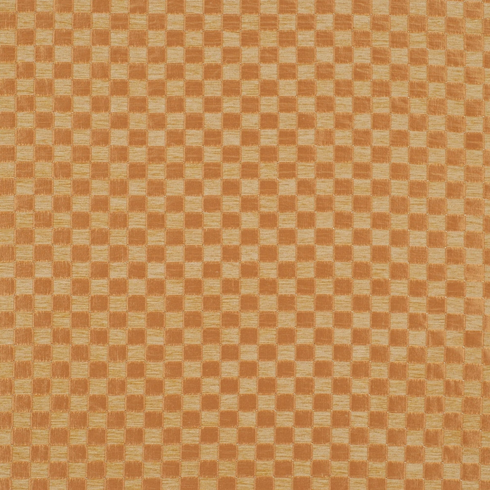 Orange-brown checkerboard upholstery fabric with a shiny finish and small square pattern.